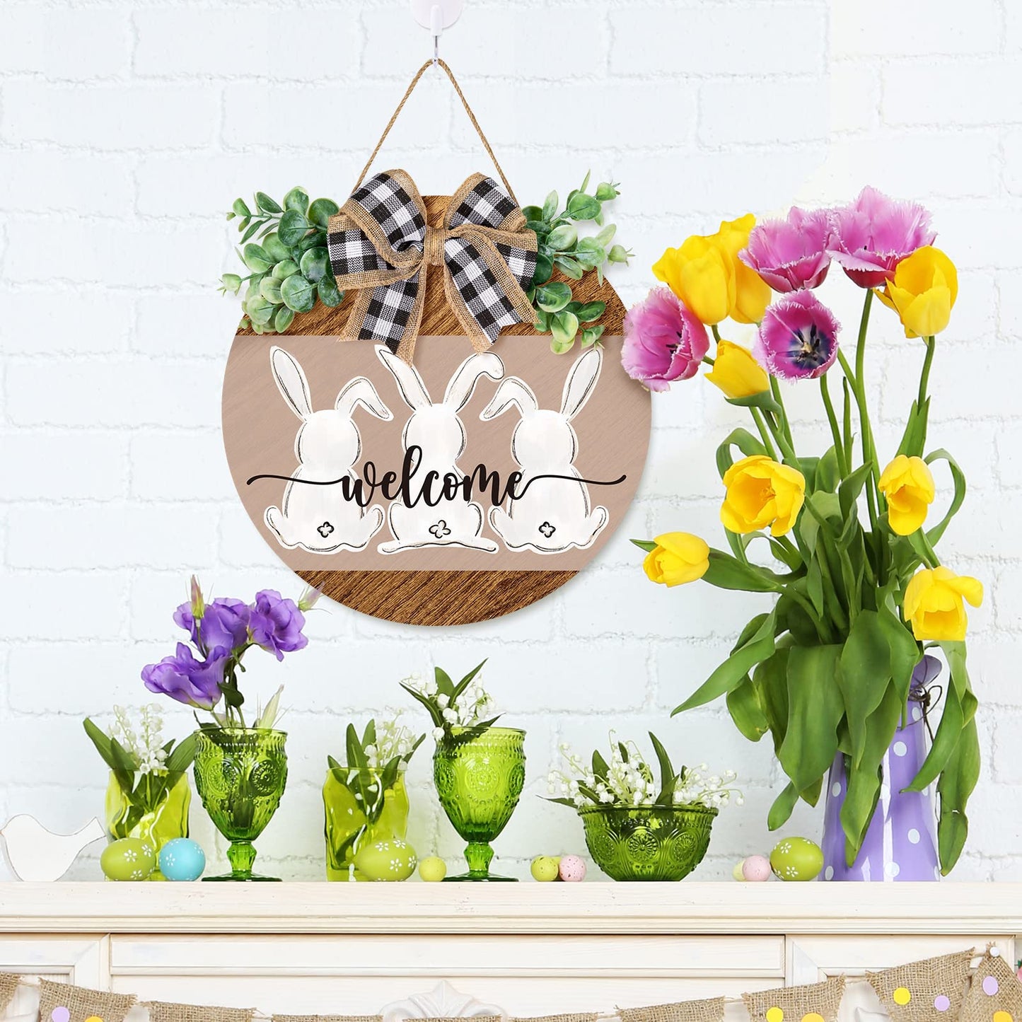 Whaline Easter Wooden Hanging Sign Bunny Rabbit Welcome Sign Door Decoration with Bow Rustic Easter Wood Wreath Sign for Spring Holiday Home Coffee Shop Bakery Farmhouse Window