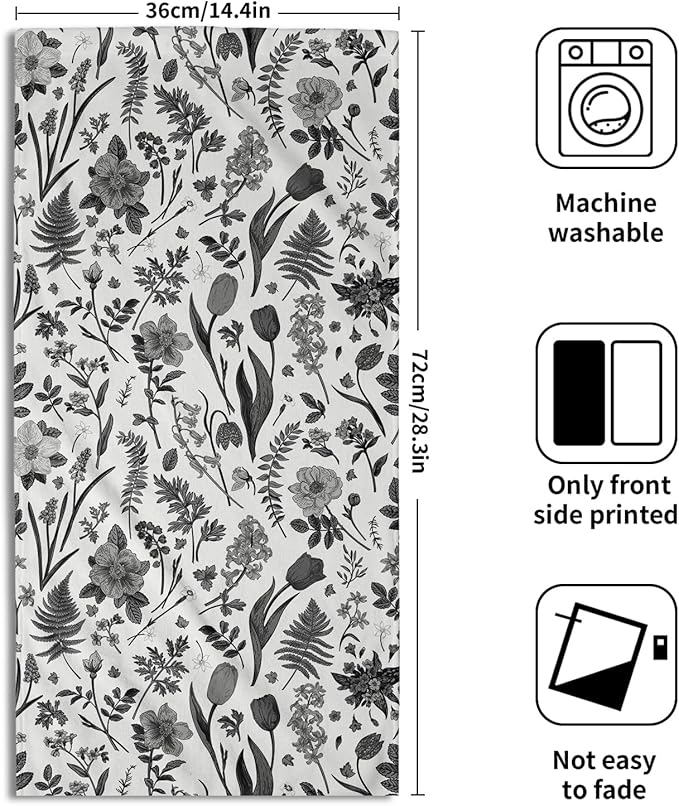 Spring Floral Hand Towels for Bathroom Set of 2 Black Grey White Flower Leaves