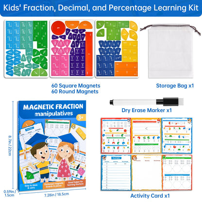 Magnetic Fraction Tiles & Circles Montessori Set for Elementary Kids - Hands-On Math Manipulatives with Activity Book - Learn Fractions, Decimals, Percentages