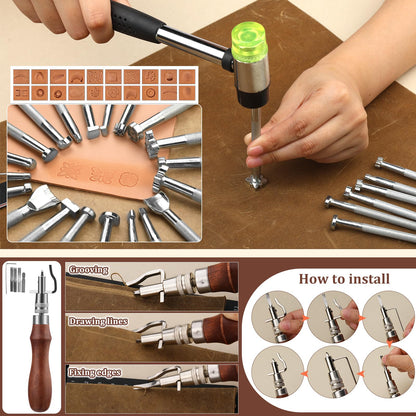 QMNNMA 102PCS Leather Working Tools Leather Crafting Kit with Custom Storage Bag, Stamping Tools for Sewing, Carving, Cutting, Punching, Stamping