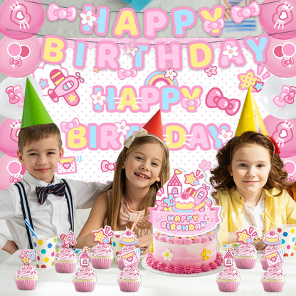 42Pack Kitty cat Party decoration pack include Banner,Cake Toppers,Balloons，Blackdrop for Kitty Birthdday Party Decoration