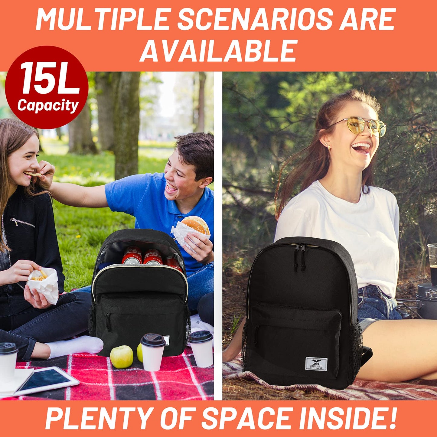 MIER Insulated Backpack Cooler Small Leakproof Lunch Back Pack with Coolers Lightweight Cute Lunch Bag for Women Men to Work, Picnics, Camping, Park Day Trips, 15 L, Black