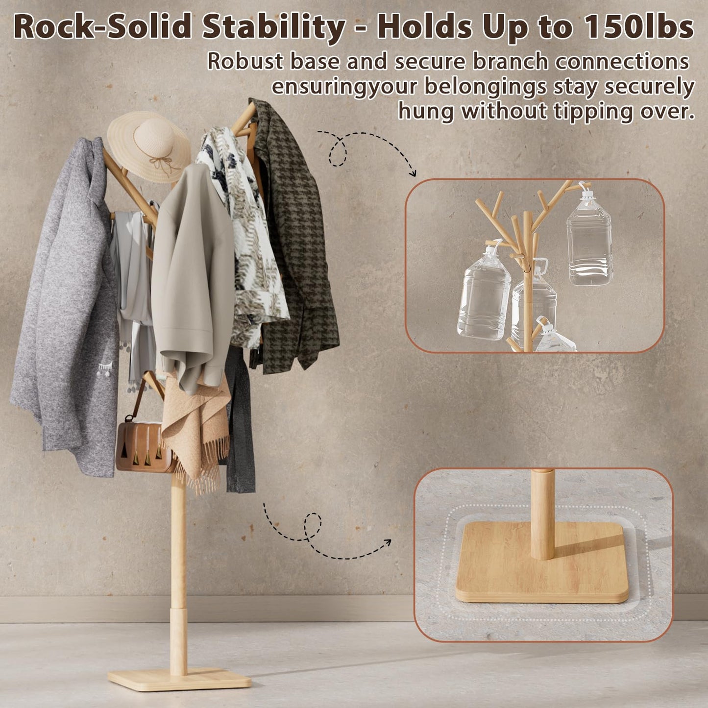 Solid Wood Coat Rack - Freestanding Coat Hat Rack Stand with 14 Hooks, Clothes Rack Heavy Duty Space Saving Entryway Coat Tree Hanger Rack for Coats Jackets Hats Bags, Adjustable Height (Natural)