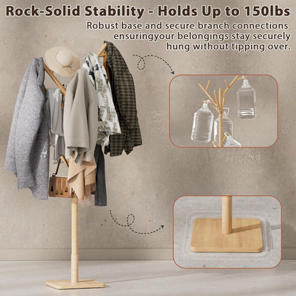 Solid Wood Coat Rack - Freestanding Coat Hat Rack Stand with 14 Hooks, Clothes Rack Heavy Duty Space Saving Entryway Coat Tree Hanger Rack for Coats Jackets Hats Bags, Adjustable Height (Natural)