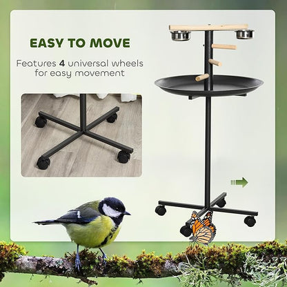 PawHut Bird Play Stand, Portable Parrot Perch, Bird Feeder Station, with Four Wheels, Stainless Steel Feeding Bowls, Round Tray, Grey