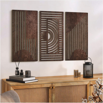 VIYYIEA Boho Solid Wood Carved Wall Art Set of 3, Geometric Minimalist Wooden Home Decor Panels, Handcrafted Solid Wood Wall Hanging for Living Room Bedroom Hallway, 16 x 8 Inch Each (Geometry I)