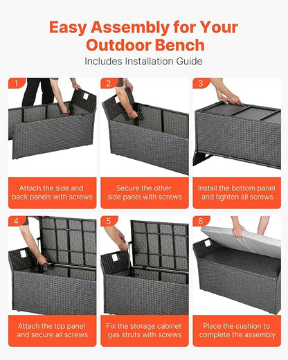 VEVOR Outdoor Storage Bench, 2-Person PE Rattan Storage Bench, 40 Gal Deck Box with Cushion & Side Handle, Supports up to 400 lbs, Weatherproof Outdoor Seating & Porch Decor for Patio Garden Balcony