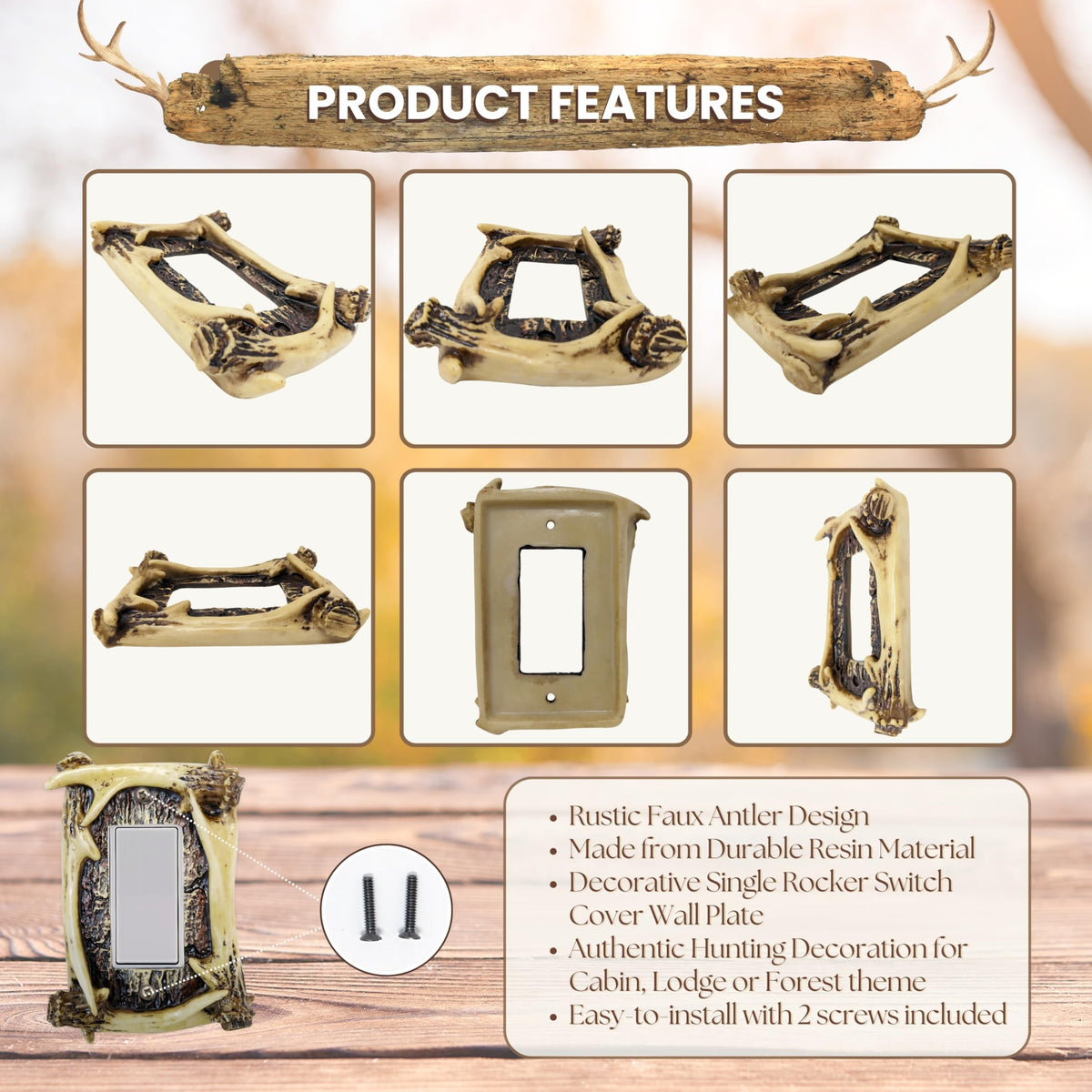 Rustic Faux Antler Single Rocker Switch Cover, Resin Wall Plate Light Panel