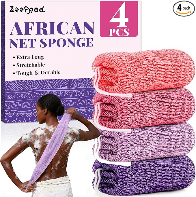 African Net Sponge Authentic-4 Packs African Exfoliating Net Sponge,Bath Sponges for Shower,42 inch Long for Normal to Sensitive Skin, Body Exfoliator Shower -Light Purple,Purple,Light Pink,Neon Pink