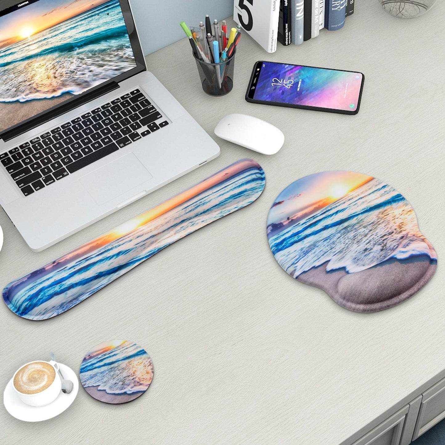 Mouse Pad and Keyboard Wrist Rest Support, with Non-Slip PU Base,Gel Mouse Pad with Coaster,Pain Relief for Gaming, Computer,Office -Beach
