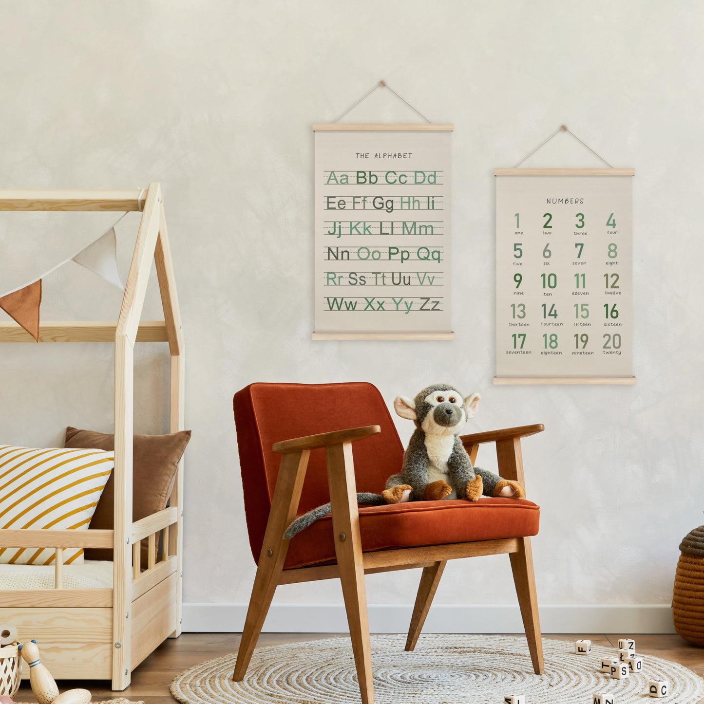HRQKO Alphabet Numbers Poster Hanger Frame Set of 2, Nursery Wall Decor, Boho ABC Poster Wall Art with Wooden Frames, Sage Green Alphabet Banner Wall Hanging Decor for Toddler Playroom, 16x24 inch
