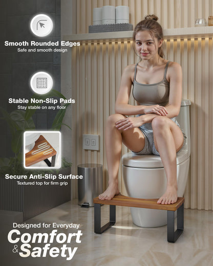 BLUEWEST Poop Stool, Acacia Wood Toilet Stool with Strong Steel Frame for Potty Training, 7 Inch Bathroom Step, Durable/Sturdy Support for Adults with Non-Slip Design