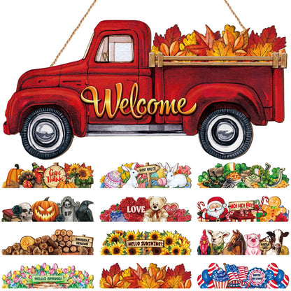 Ferraycle 13 Pcs Fall Interchangeable Welcome Sign, Red Truck Door Hanger with 12 Seasonal Signs, Holiday Christmas Rustic Farmhouse Front Door Decor