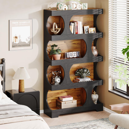 Tribesigns 71" Tall Bookcase, 4-Tier S-Shaped Bookshelf, Wood Decorative Storage Shelving, Modern Freestanding Display Shelves, Large Library Book Shelf Unit for Home Office Living Room, Black & Brown