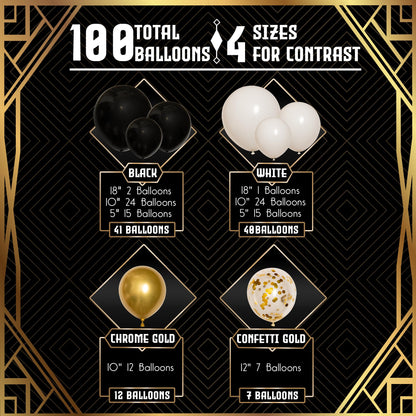 ALL-IN-1 Black White Gold Balloons Garland Kit & Arch – Small and Large Black White and Gold Balloons with Confetti – Black and Gold Party Decorations for Graduations, New Years, Birthday