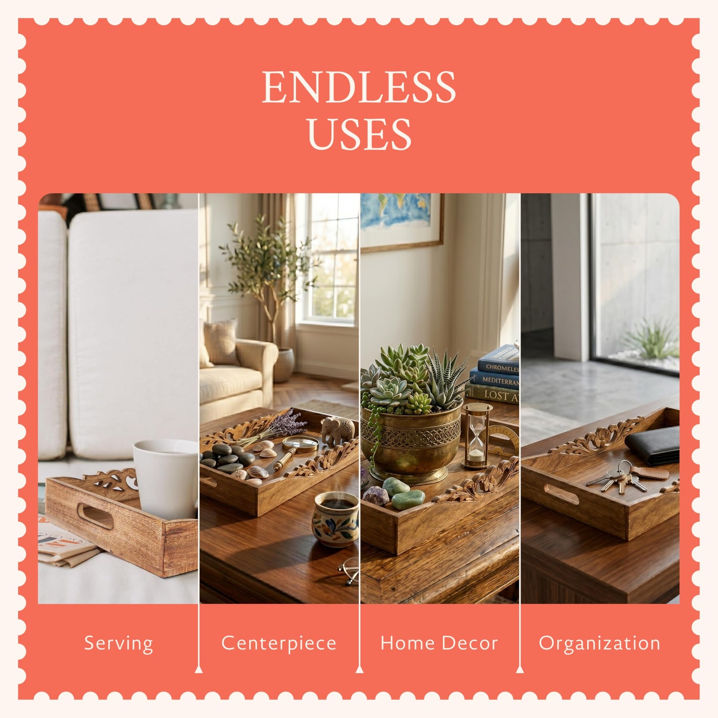 Mela Artisans 16” x 12” x 2.5” Mango Wood Serving Tray with Handles – Orchid Medium Burnt – Handcrafted Wooden Serving Board for Breakfast, Coffee & Home Décor