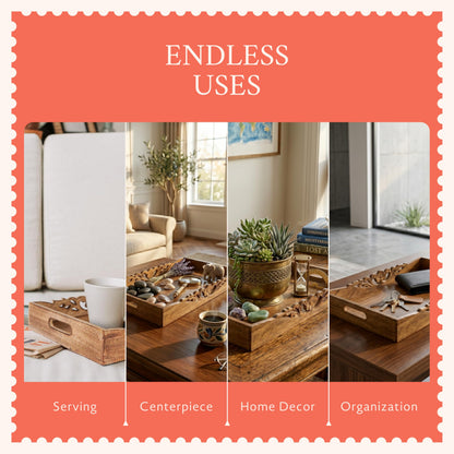 Mela Artisans 16” x 12” x 2.5” Mango Wood Serving Tray with Handles – Orchid Medium Burnt – Handcrafted Wooden Serving Board for Breakfast, Coffee & Home Décor