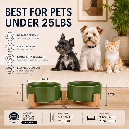 Petygooing Dog Bowls,Ceramic Cat Dog Bowl Set with Wood Stand for Food and Water,Non-Slip Cute Modern Pet Dish for Cats and Small Size Dogs (13.5OZ/5.1 in) Rust Green