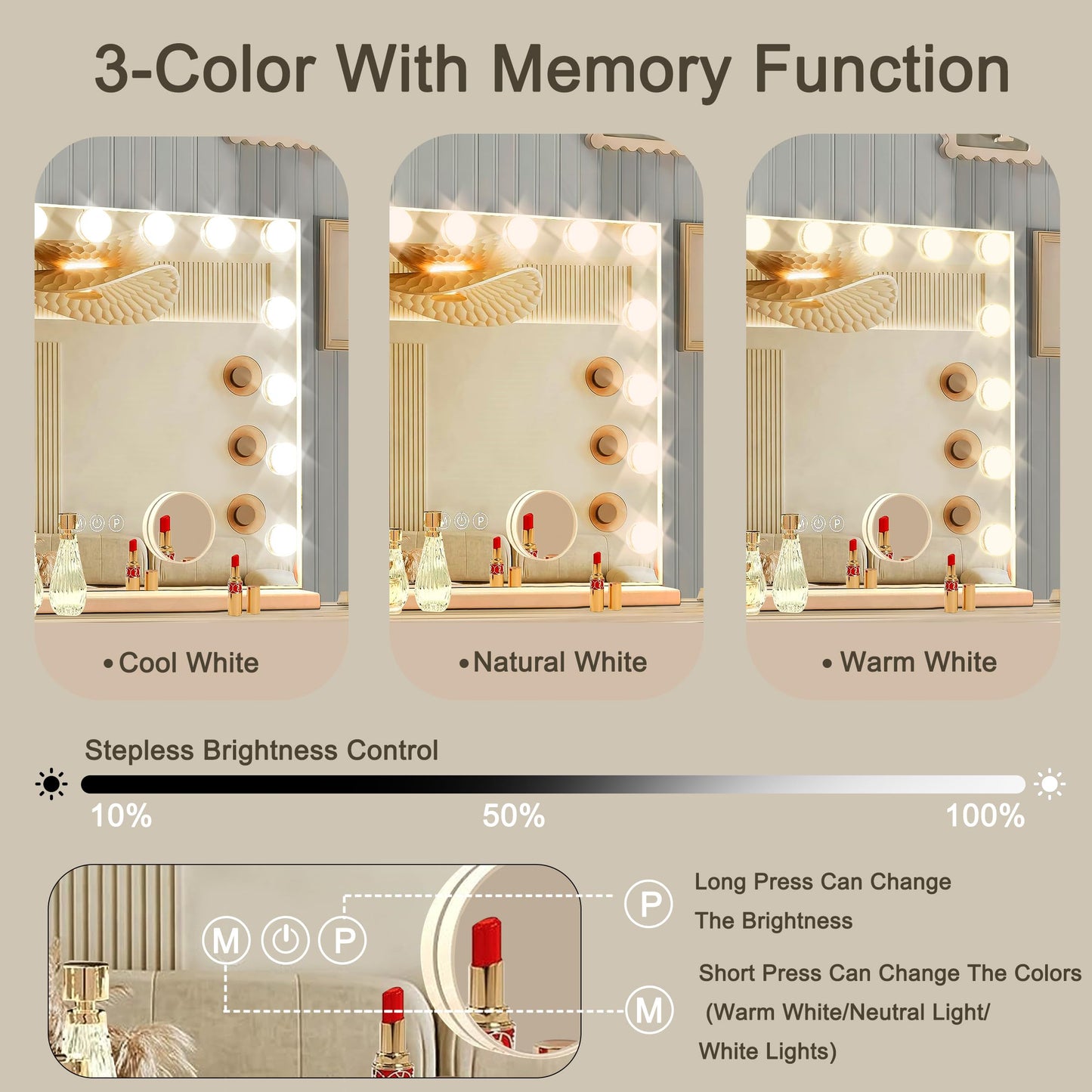 Hollywood Vanity Mirror with Lights, 15 Dimmable Bulbs, 3 Color Lights,Make Up Lighted Mirror, Aluminum Metal Frame, USB Charging Port（23" x 18"）