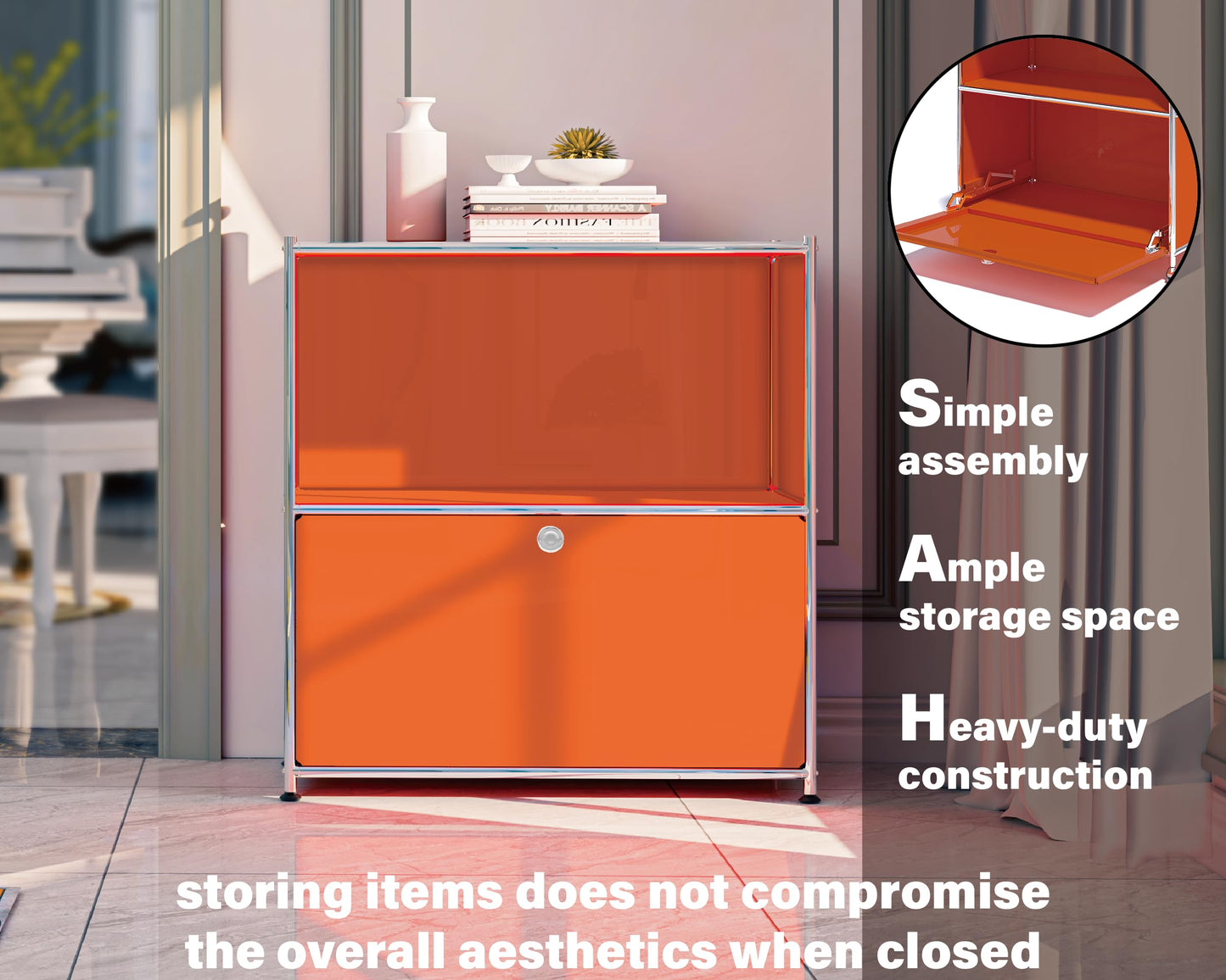 Simplink 32.5-Inch Flip-Top Storage Cabinet with Detachable Wheels, Metal Side Table and Small Sideboard Cabinet for Living Room, Bedroom, Office, Orange