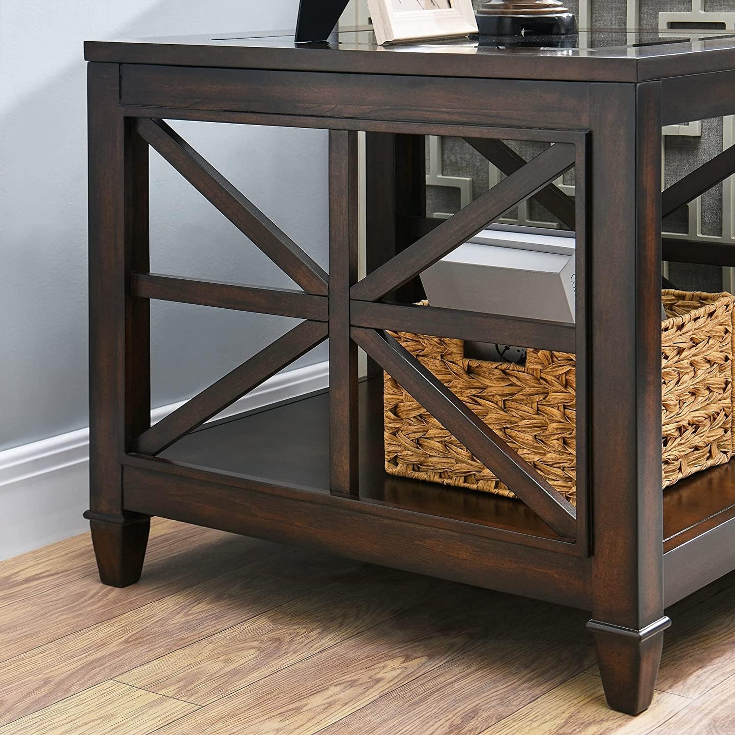 BAXMUY Solid Wood End Table with Tempered Glass Top, 28" x 24" Large Farmhouse Side Table for Living Room, Bedroom & Office, Vintage Walnut