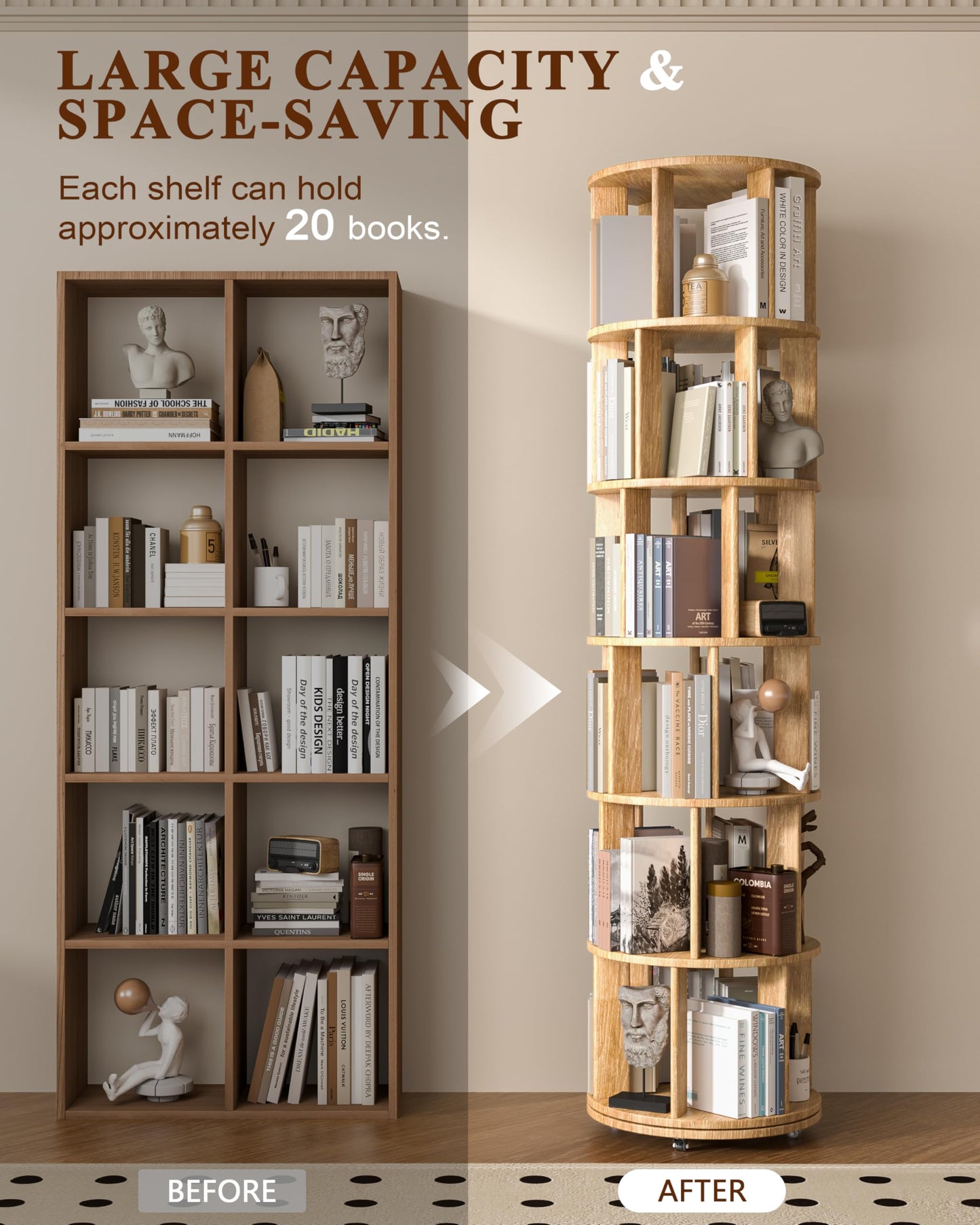 6-Tier Solid Wood Rotating Bookshelf on Wheels, 360° Spinning Book Shelf Tower, Round Revolving Bookcase Organizer, Rolling Bookshelves for Small Spaces, Corner, Bedroom, Kids Room, Office, Natural