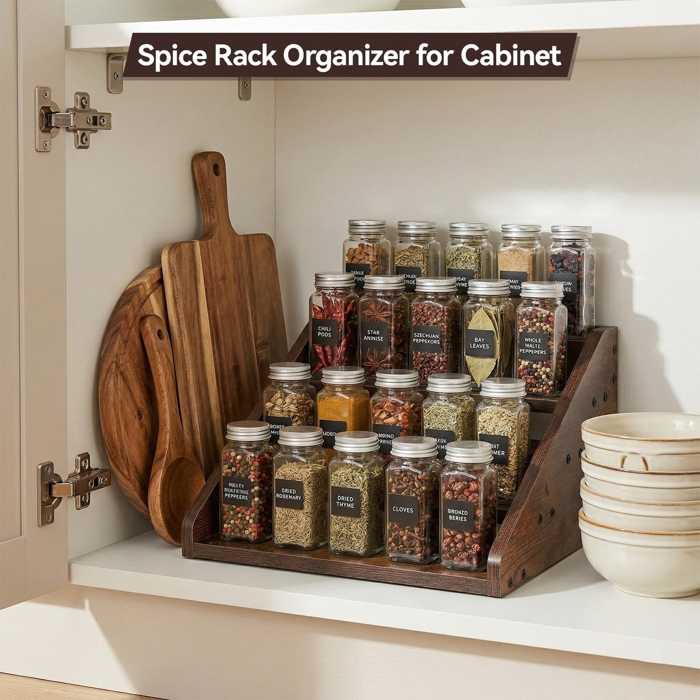 Oqqlin Wood 4 Tier Spice Rack, 13 x 10 x 6.5 Inch Wooden Tiered Spice Rack Rustic Wood Condiment Jar Display Riser Shelf for Countertop, Cabinet, Kitchen Organization (Dark Brown)