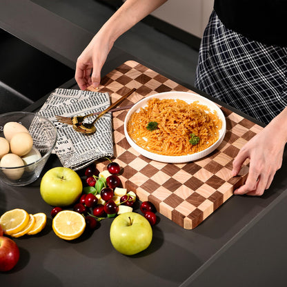Bokaiya Checkered Cutting Board for Kitchen, 15.7"x11"x1" Thick Wood Checkerboard Chopping Board with Juice Groove& Handles, Butcher Block Serving Tray for Meat, Vegetables and Fruits