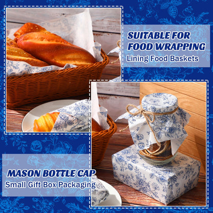 Marspark 100 Sheets Blue Floral Wax Paper for Food Wrapping 11.4 x 11 Inches Spring Floral Food Basket Parchment Paper for Picnic Wedding Candy Cookies Baking Sandwich Burgers Greaseproof Wrapping