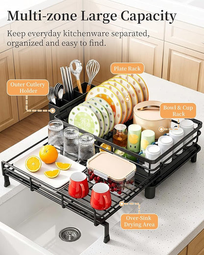 SAYZH Expandable Dish Drying Rack for Kitchen Counter, Metal, Black | Foldable Over Sink, Large Capacity, Rust-Resistant, Adjustable for Most Sinks, Automatic Drainage, Removable Utensil Holder