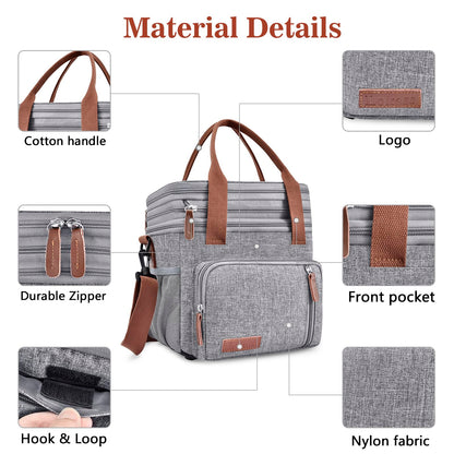 Lunch Box & Lunch Bag for Women Men, Expandable Large Insulated Adult Lunch Bag with Strap, Double Deck Leakproof Lunchbox Durable Cooler Bags for Work Picnic Beach,16L, Gray