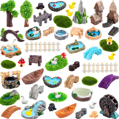 BrightRow 56 Pcs Fairy Garden Miniatures Accessories Bulk Miniature Nature Village Theme Fairy Garden Supplies for Outdoor Mini Bridge House Landscape Water Well Ornament for DIY Craft Succulent Decor