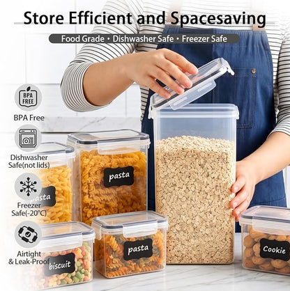 7 PCS Airtight Food Storage Containers with Lids, BPA Free Clear Plastic Kitchen and Pantry Organization and Storage Set for Flour, Sugar, Cereal, Pasta, Includes 7 Labels and Marker