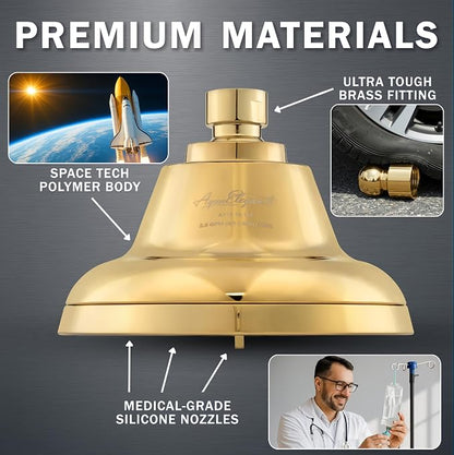 Aqua Elegante Massage Shower Head With Mist - High Pressure Boosting, Adjustable Massaging Rainfall Showerhead For Low Flow Showers With Water Saving Nozzles - 2.5 GPM - Polished Brass