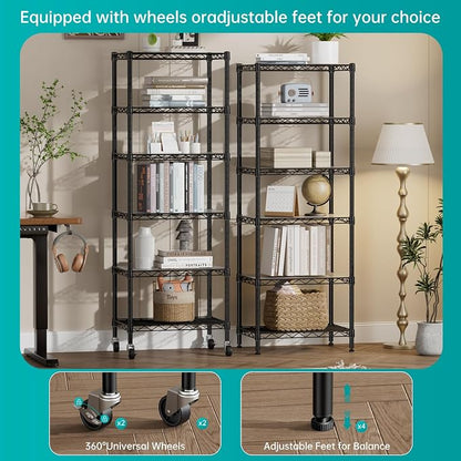 SINGAYE 6 Small Shelf Storage Wire Shelves Closet Bathroom Organizers Metal Pantry Kitchen Garage Shelving Unit Laundry Room Organization Home Narrow Rack Net Basket with Wheels Black