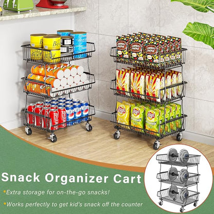 OKZEST Pantry Organizers and Storage Cart with Upgraded Metal Hub Casters | Fits under pantry shelf, stackable fine-mesh wire baskets, 3-tier rolling cart holds drink, snack, can, potato, onion, fruit