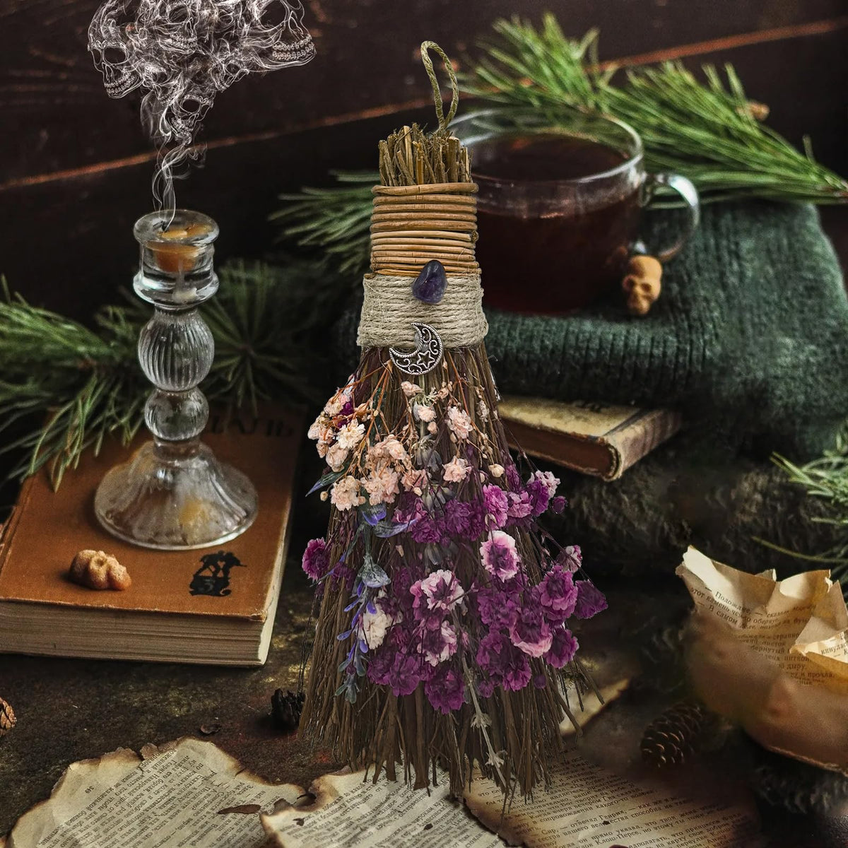 Teeloray Cinnamon Broom 7.5 Inch Witch Broom for Altar Magic Crystal Handmade Mini Cinnamon Broomstick Scented Natural Herbal Protection Witchcraft Supplies for Wiccan Décor Witchy Gifts (Purple)