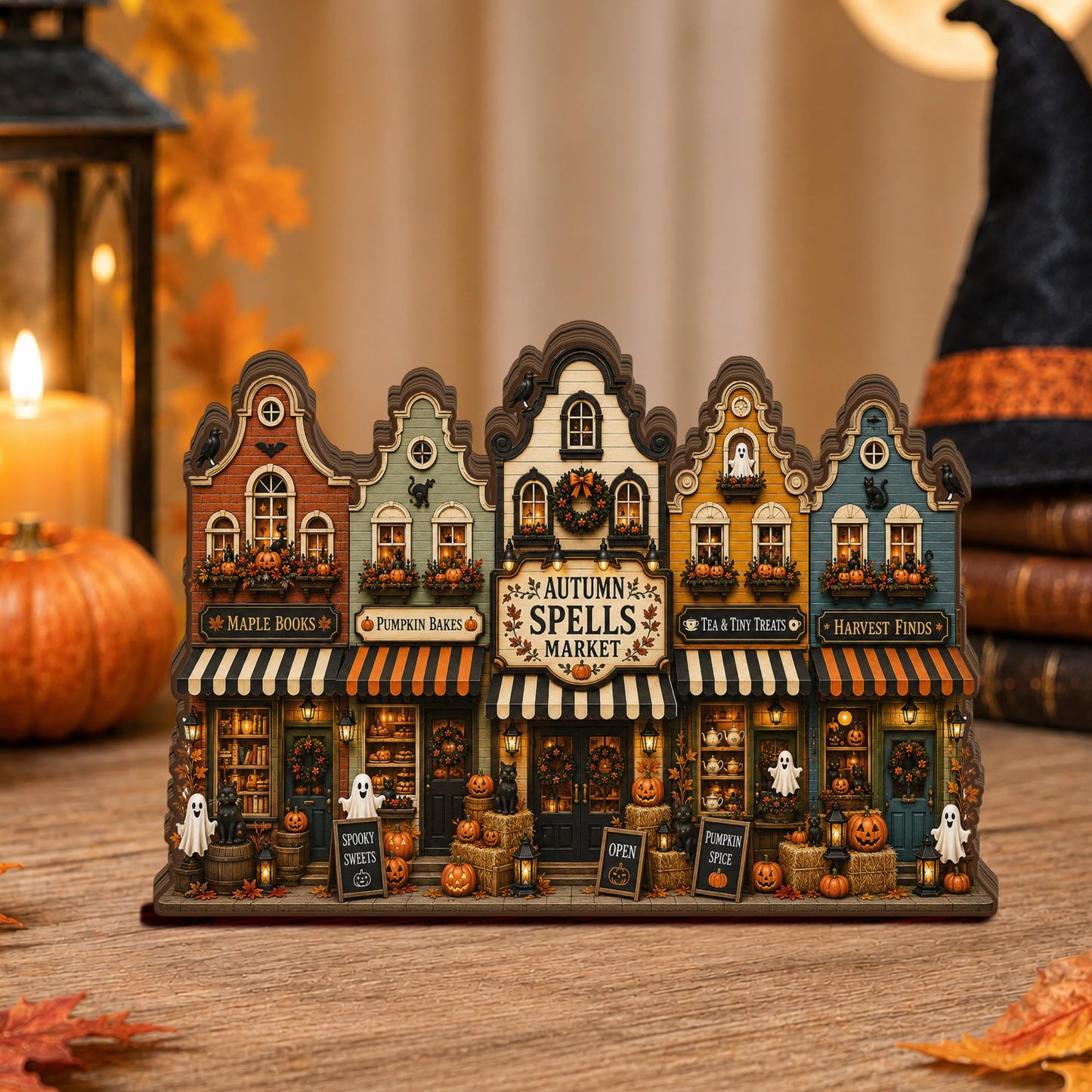 VYLARA Halloween Haunted Village Wooden Block, Rustic Spooky Town Shelf Sitter, Gothic Fall Home Decoration, Halloween Wood Sign Display