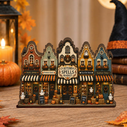 VYLARA Halloween Haunted Village Wooden Block, Rustic Spooky Town Shelf Sitter, Gothic Fall Home Decoration, Halloween Wood Sign Display