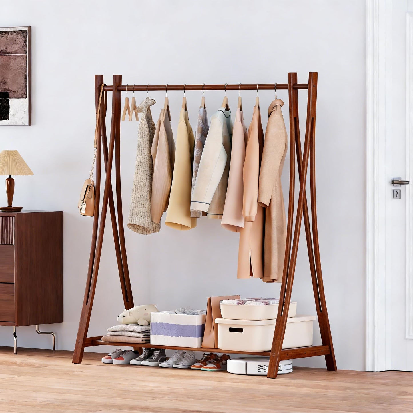 LEMODOR Wooden Retail Display Hanging Clothes Rack with Storage Shelf, 52" W x 57" H Freestanding Heavy Duty Clothing Drying Garment Rack for Hanging Clothes, Coat, Dress, Shirt, Hat