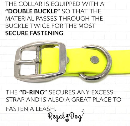 Regal Dog Products Large Yellow Waterproof Dog Collar and Leash Set | Heavy Duty Double Buckle & D Ring - 5'ft Leash | Adjustable Biothane Dog Collar | Chew Resistant Waterproof Collar for Dogs