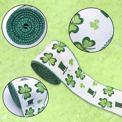 Tlswshsy 4 Rolls Shamrock Wired Edge Ribbon - 2.5''×24 Yard St Patrick's Day Green Wired Ribbon, Burlap Plaid Shamrock Fabric Craft Irish Ribbons for Gift Wrapping, Wedding Birthday Crafts Decorations
