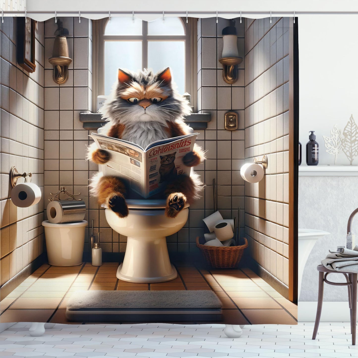 Ambesonne Funny Shower Curtain, Humorous Scene with a Cat Sitting on a Toilet and Reading Paper Print, Cloth Fabric Bathroom Decor Set with Hooks, 69" W x 70" L, Pale Cinnamon and Coconut