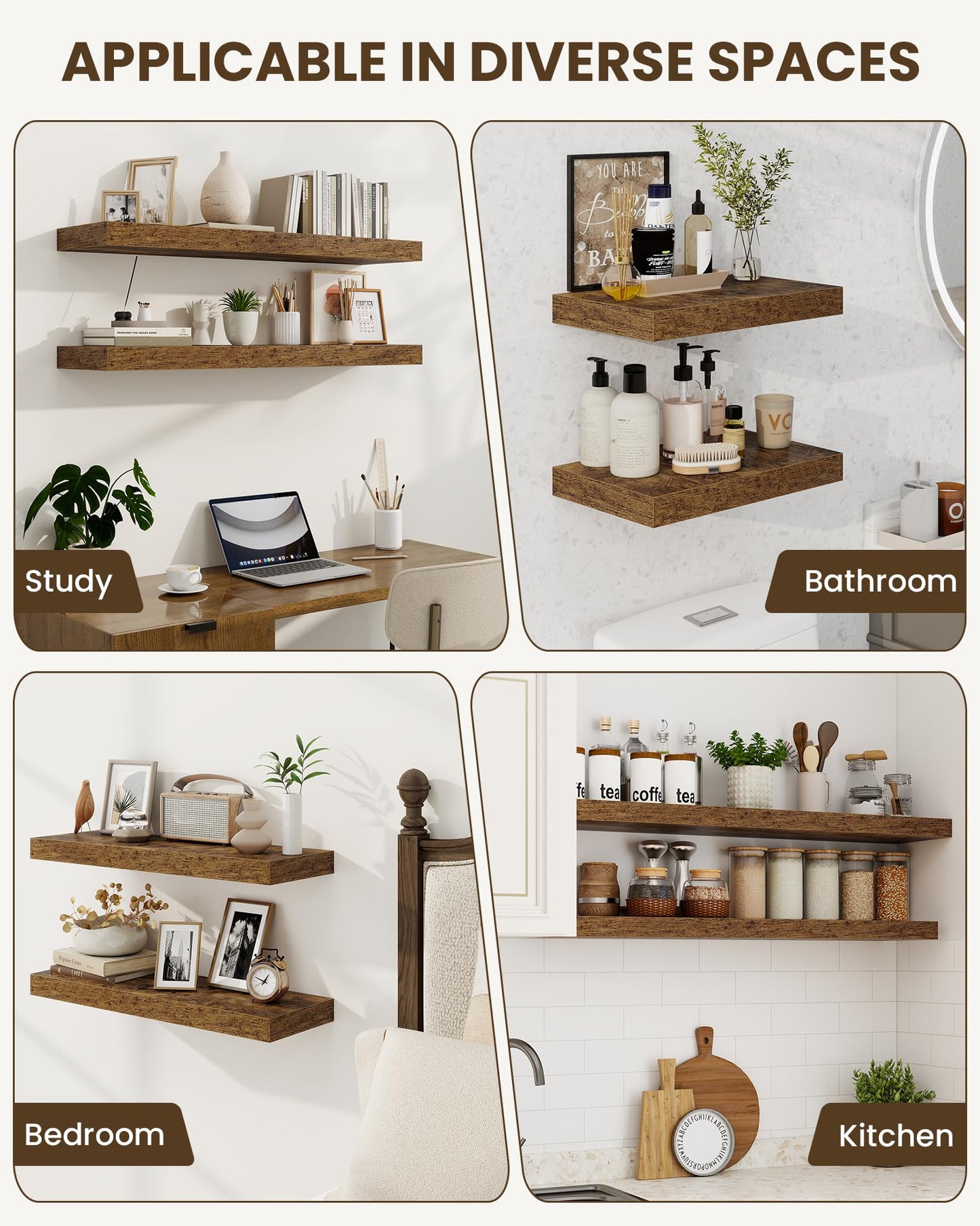 Marsmiles 40" Floating Shelves for Wall, Wooden Shelves with Invisible Brackets Set of 2, Rustic Farmhouse Wall Mounted Shelf for Kitchen Bathroom Living Room Study, Rustic Brown