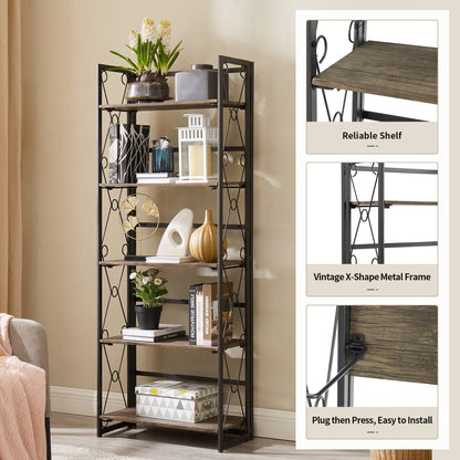 VECELO Folding Bookshelf, 5-Tier Bookcase Foldable, Industrial Tall Book Shelf Storage Organizer with Collapsible Metal Frame for Living Room/Home Office,Rustic Brown,1 Set