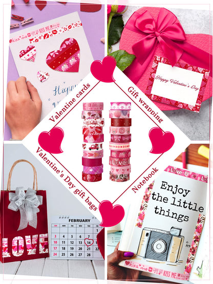 20 Rolls Valentine Washi Tape Set Heart Holiday Love Pink Masking Tape Paper Supplies for DIY Crafts Wrapping Scrapbook Party Favors