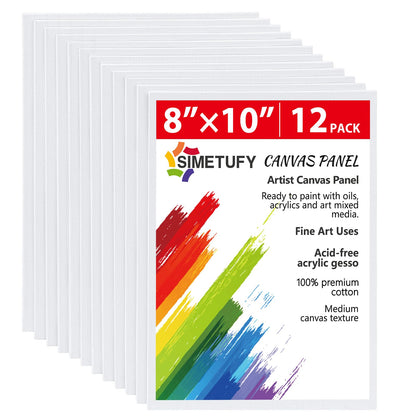 Simetufy 12 Pack 8x10 Canvas Boards for Painting, Blank Flat Canvas Panels Art Painting Supplies - Gesso Primed 100% Cotton for Acrylic Oil Watercolor Tempera Paint