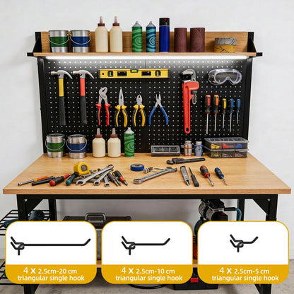 DWVO 47.2" Adjustable Height Workbench with Pegboard and Storage Shelf, Heavy Duty Work Bench with Wheels, Load 1100lb, Work Table with AC/USB Outlet, LED Light, Hooks, for Garage, Workshop, Home