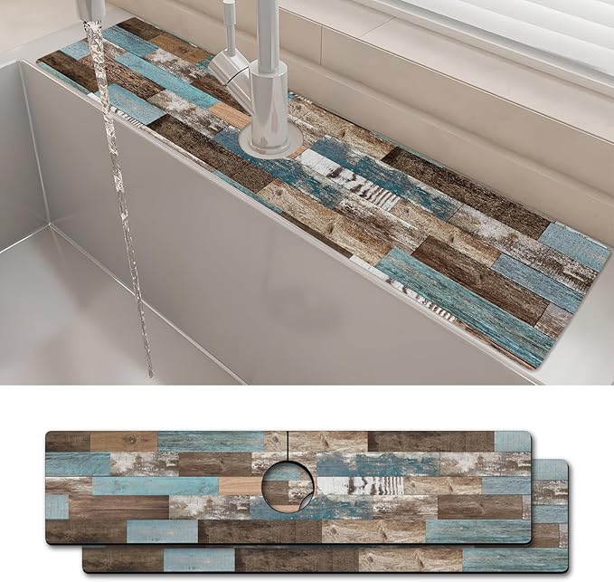 2PCS 24" X 5.5" Kitchen Sink Splash Guard Faucet Mat Wood Grain Super Absorbent
