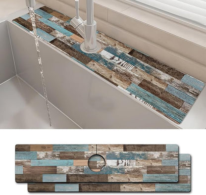 2PCS 24" X 5.5" Kitchen Sink Splash Guard Faucet Mat Wood Grain Super Absorbent